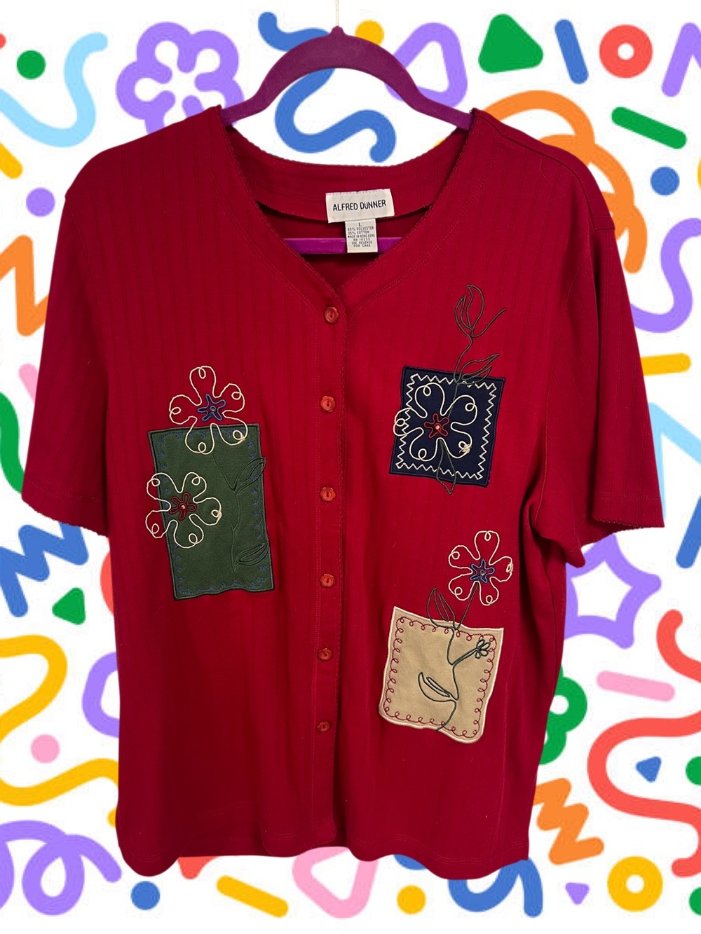 Vtg Alfred Dunner cozy red flower doodle top